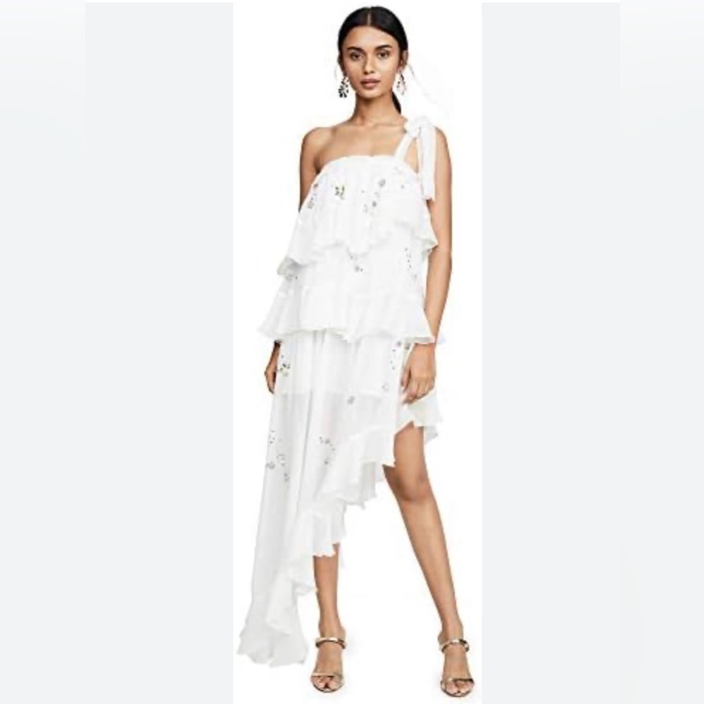 Rococo Sand White Asymmetrical Ruffle Dress